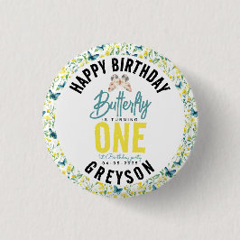 Whimsisk fjäril-Blommigt 1:a födelsedag Knapp