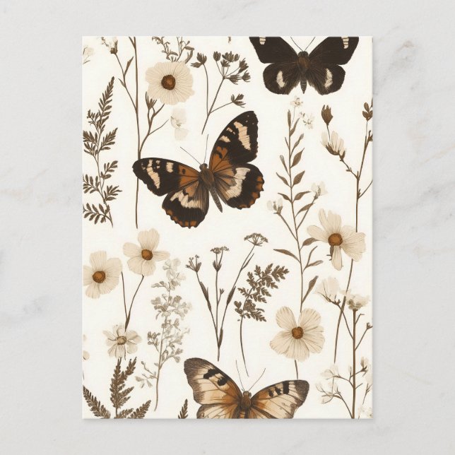 Whimsisk fjäril- och blommönster vykort (Framsida)