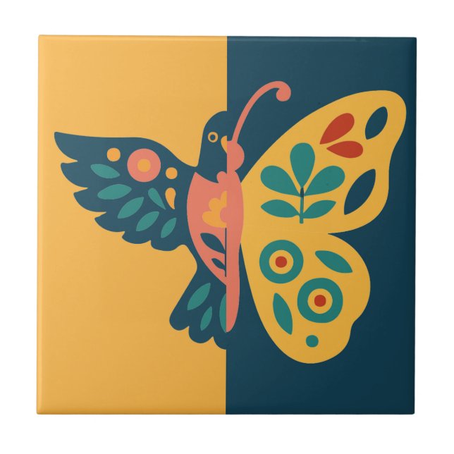 Whimsisk fjäril och kolibri-design kakelplatta (Framsidan)