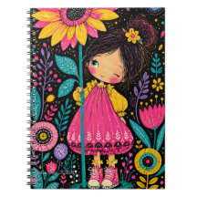 Whimsisk flickillustration med blommor Färgrik fol