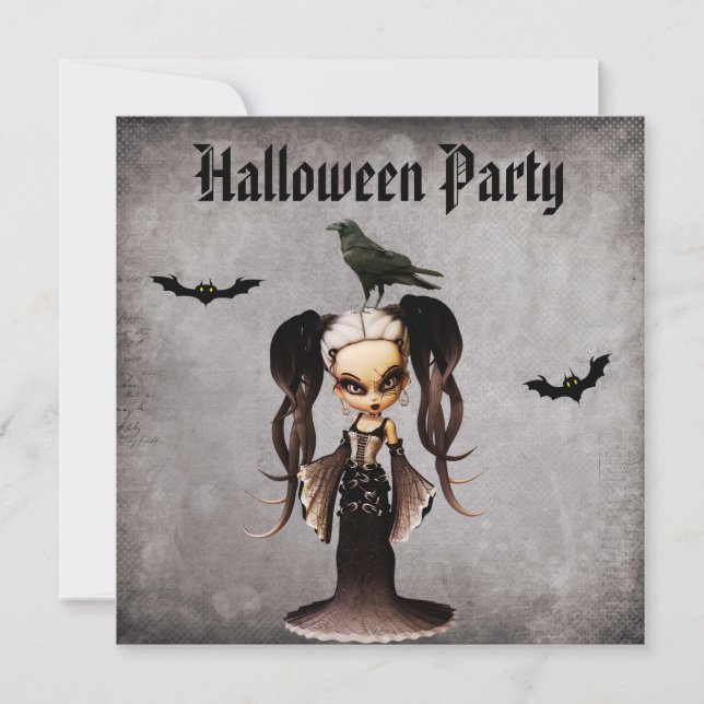 Whimsisk Frankie Bride & Kråka Damask Halloween Inbjudningar (Framsida)