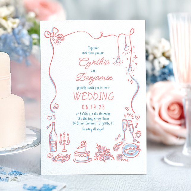 Whimsisk Funky Hand plockade Doodles Bröllop Inbjudningar (Dusty Blue and Pink Whimsical Funky Hand-drawn Wedding Invitation)
