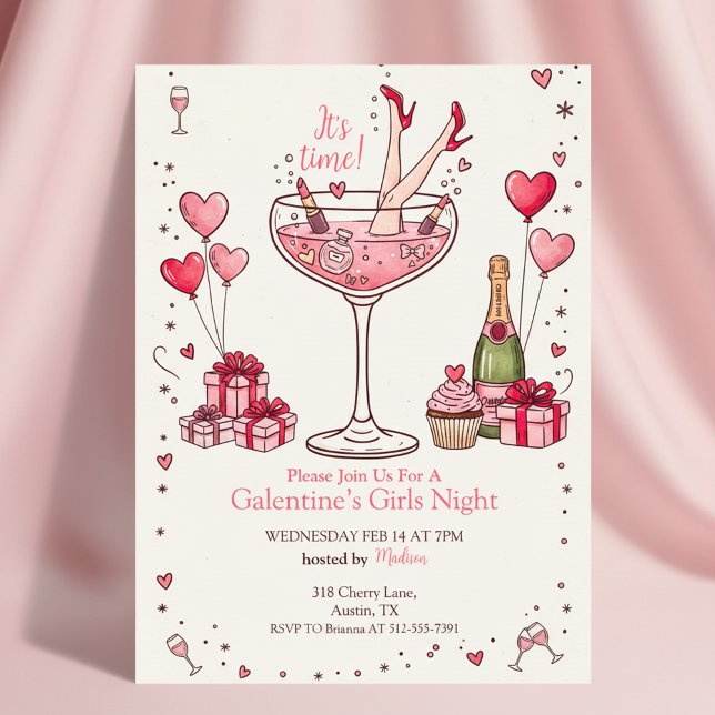 Whimsisk Galentine-inbjudan med Martini Inbjudningar (Whimsical Party Invitation)