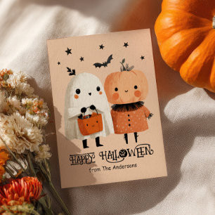 Whimsisk Ghost och Pumpkin Cute Watercolor Hallowe Vykort