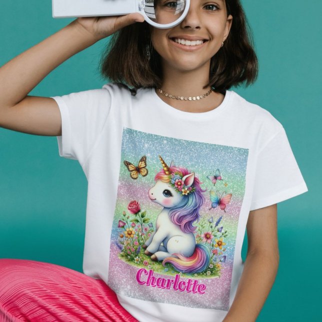 Whimsisk glitter blomma enhörning T-shirt (Skapare uppladdad)