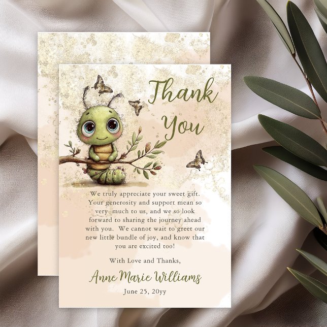 Whimsisk Gökotta Barnkalas Tack Kort (Whimsical watercolor caterpillar baby shower thank you card in sage and blush tones)