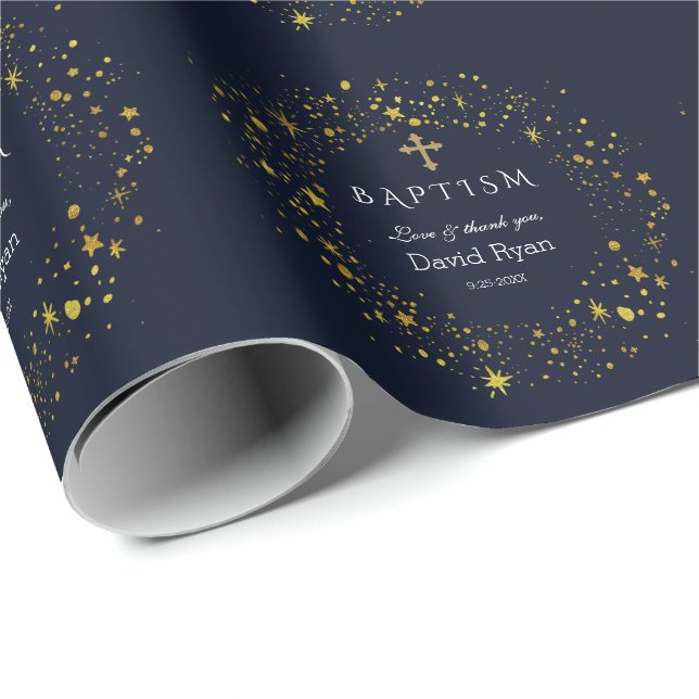 Whimsisk Guld Starry Night Boy Baptism Presentpapper (Rullad Hörn)