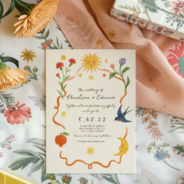 Whimsisk handmålad Sol och Måne Bröllop Inbjudningar