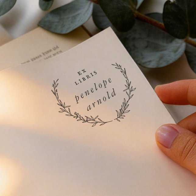 Whimsisk Handritad Krans Ex Libris Bok Självfärgande Stämpel (Skapare uppladdad)