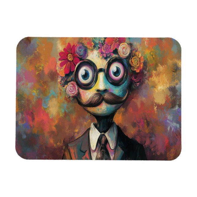 Whimsisk humanoid med stora ögon och blommig frisy magnet (Horisontell)