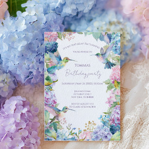 Whimsisk Hummingbird med Hydrangeas-födelsedag Inbjudningar