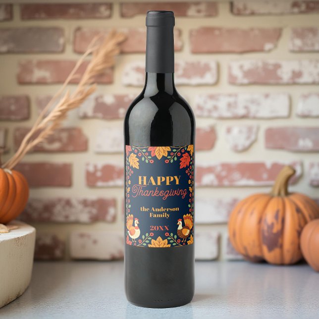 Whimsisk kalkon och Höst löv Thanksgiving Vinflaska Etikett (Skapare uppladdad)