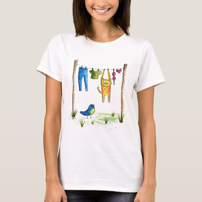 Whimsisk katt på en klotelin t shirt (Framsida)