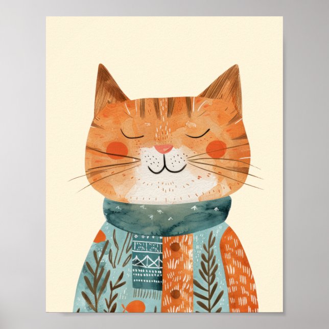 Whimsisk kattillustration Vattenfärgsneurseri Poster (Framsidan)