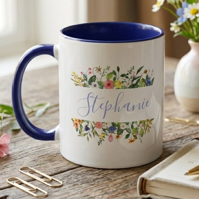 Whimsisk koboltblommig akvarell mugg (Cottagecore wildflower floral for a teacher — a perfect thank you gift idea for her)