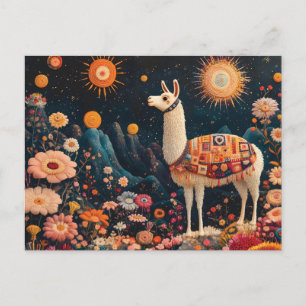 Whimsisk lama i en Blommigt i Starry Ligcape Helg Vykort