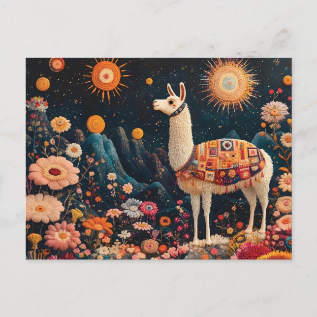 Whimsisk lama i en Blommigt i Starry Ligcape Vykort (Framsida)