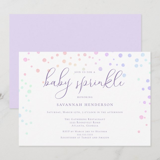 Whimsisk Lila Watercolor Confetti Baby Sprinkle Inbjudningar (Fram/baksida)