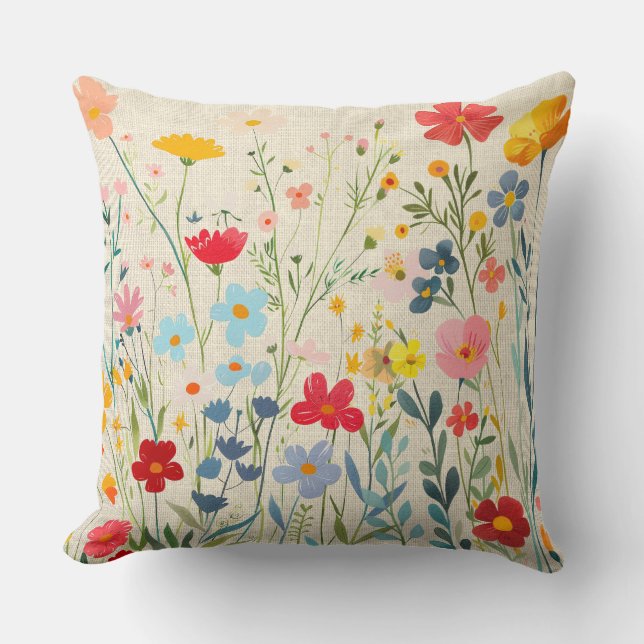 Whimsisk mångfärgad blomsterträdgård kudde (Framsida)
