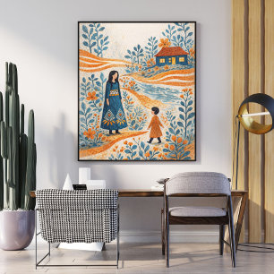 Whimsisk modern folkkonstillustration av mor och b poster
