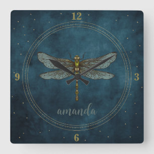 Whimsisk Mörk blått kelestial mystical Dragonfly Fyrkantig Klocka