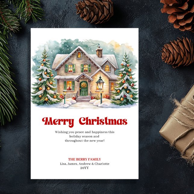 Whimsisk mysig julscen söt vinterhem julkort (Whimsical cozy Christmas scene cute winter home Holiday Card)