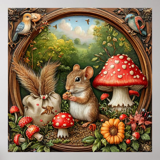 Whimsisk naturscen med mus och svamp poster (Framsidan)