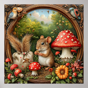 Whimsisk naturscen med mus, svamp poster