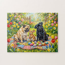 Whimsisk påskpicknick illustration av mopshund pussel