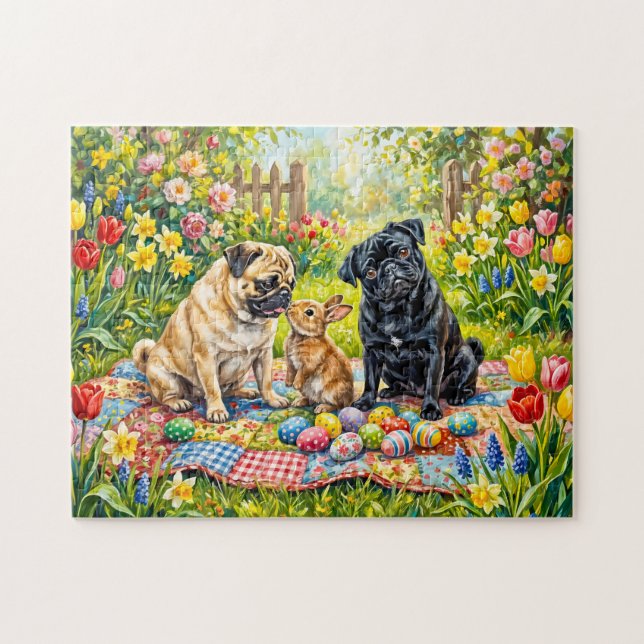 Whimsisk påskpicknick illustration av mopshund pussel (Horisontell)