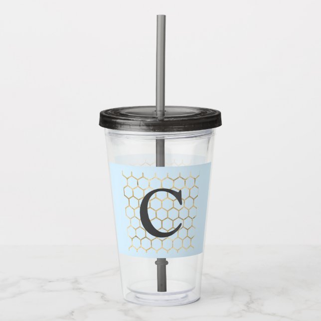 Whimsisk Pastellblå Hexagon Modernt Monogram Take Away Mugg (Framsida)