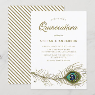 Whimsisk Peacock Feather Quinceañera Inbjudningar