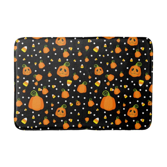 Whimsisk Pumpkins & Candy corn Roligt Halloween Badrumsmatta (Framsidan)