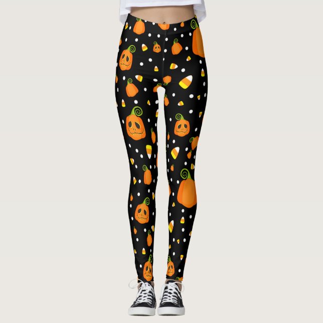 Whimsisk Pumpkins & Candy corn Roligt Halloween Leggings (Framsida)