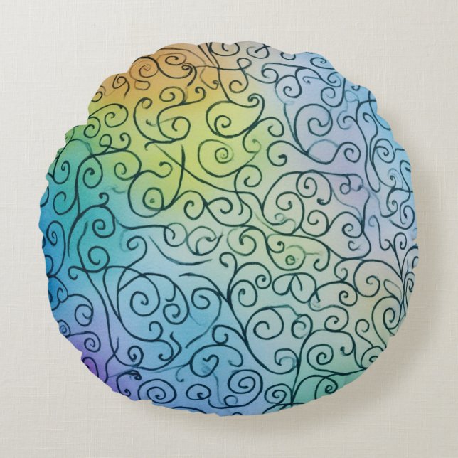 Whimsisk regnbåge Swirl Mönster Abstrakt färgstark Rund Kudde (Framsidan)