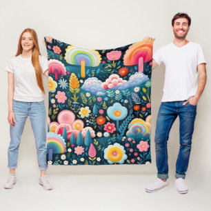 Whimsisk regnbågsträdgård Blommig fantasimönster Fleecefilt