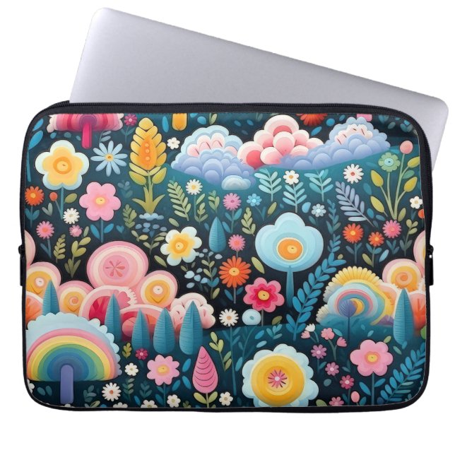 Whimsisk regnbågsträdgård Blommig fantasmönster Laptop Fodral (Framsidan)