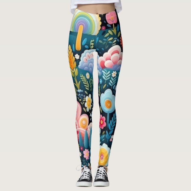 Whimsisk regnbågsträdgård Blommig fantasmönster Leggings (Framsida)