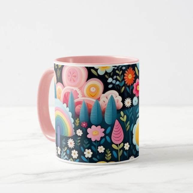 Whimsisk regnbågsträdgård Blommig fantasmönster Mugg (Framsida vänster)