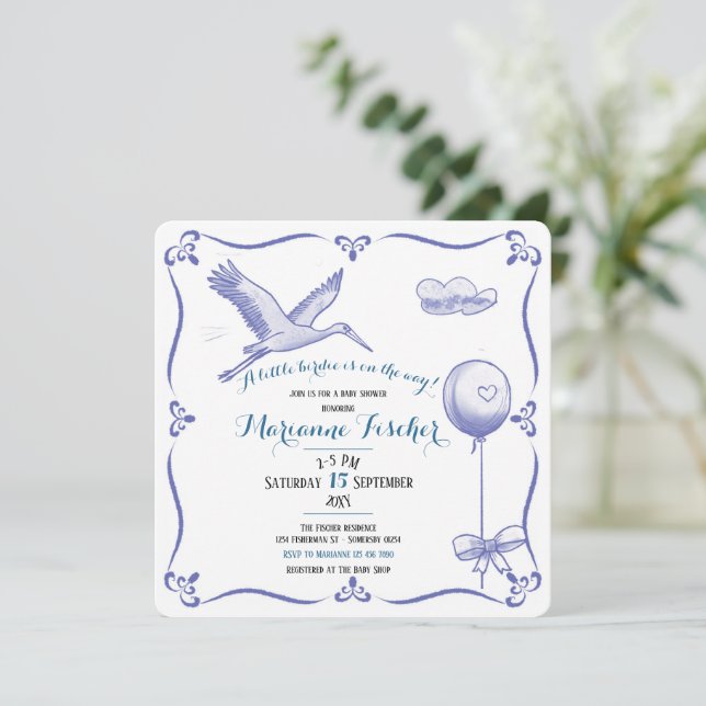 Whimsisk retro Stork Bebis Shower Inbjudan (Stående Fram)