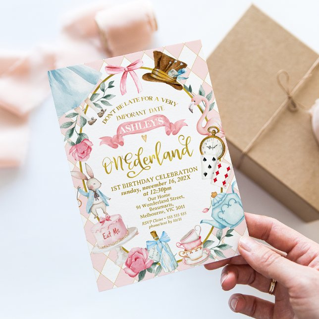 Whimsisk Rosa Bow Alice Onederland 1:a födelsedag Inbjudningar (Whimsical Alice In Onederland 1st Birthday Invitation, Pink Bow, One-derland Birthday Invitation )