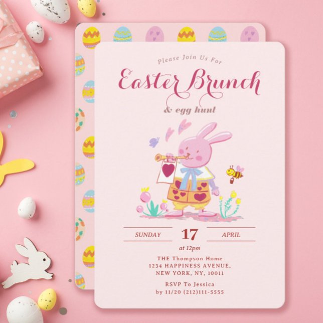Whimsisk Rosa Bunny Garden Påsk Brunch Egg Hunt Inbjudningar (Skapare uppladdad)