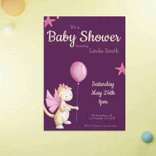 Whimsisk Rosa Dragon & Balloon Girl Baby Shower Inbjudningar
