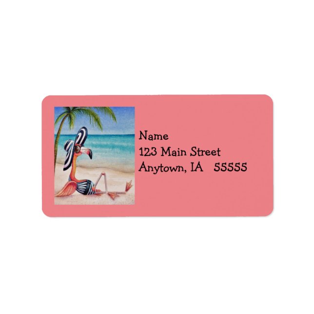 Whimsisk Rosa Flamingo nr 1 Vattenfärgskonst Adressetikett (Framsidan)