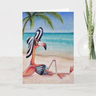 Whimsisk Rosa Flamingo nr 1 Vattenfärgskonst Kort