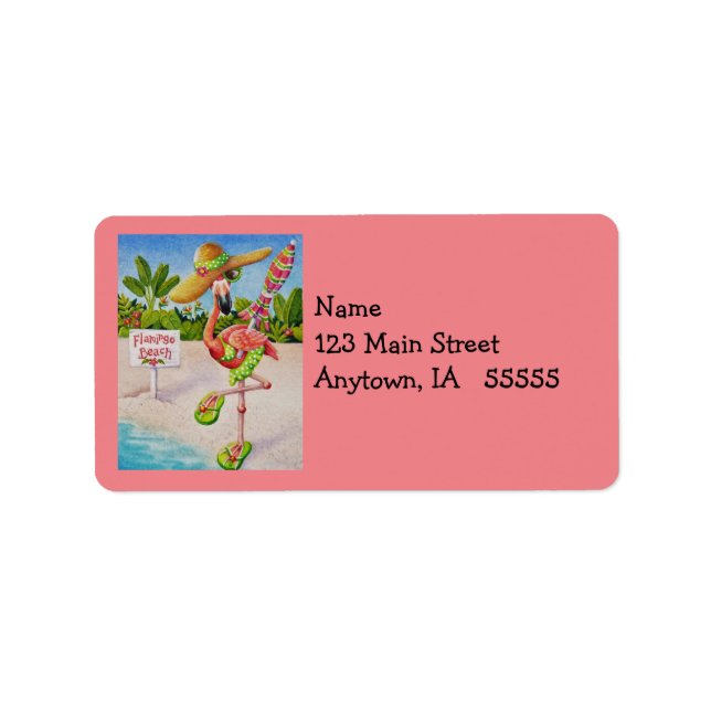 Whimsisk Rosa Flamingo nr 2 Vattenfärgsbild Adressetikett (Framsidan)