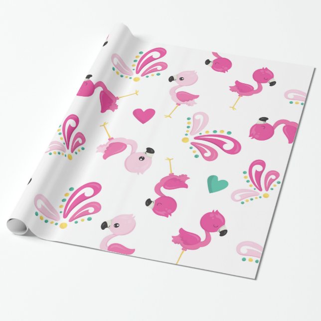 Whimsisk Rosa Flamingo Pattern Presentpapper (Utrullad)