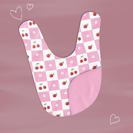 Whimsisk Rosa Gingham Cherry & Blommar Baby Bib Hakklapp