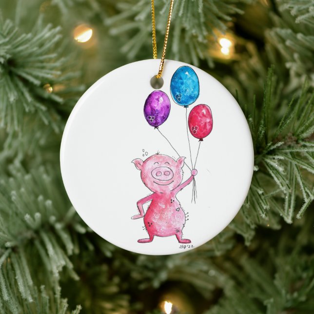 Whimsisk Rosa Gris med ballonger Julgransprydnad Keramik (Träd)