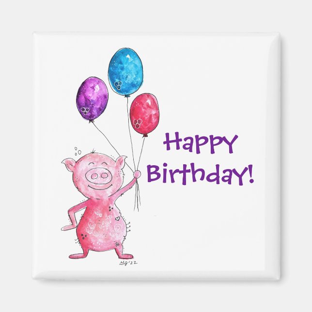 Whimsisk Rosa Gris med ballonger Magnet (Framsidan)